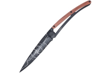 Image of Deejo Tattoo Linerlock 37g Terra Folding Knife, 3.75 black finish partially serrated Z40C13 stain, Coralwood handle, 1GB000554