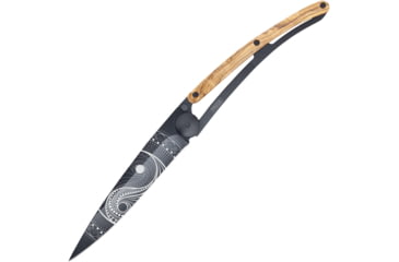 Image of Deejo Tattoo Linerlock 37g YinYang Folding Knife, 3.75 black finish Z40C13 stainless blade, Olive wood handle with black stainless back handle, 1GB000149