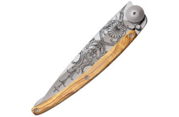 Image of Deejo Tattoo Ti 37g Versailles Folding Knife, 3.75in Z40C13 SS Blade, Olive Wood Handle With SS Back Handle, Pocket Clip, 37G, Versailles Blade Tattoo, 1CB059