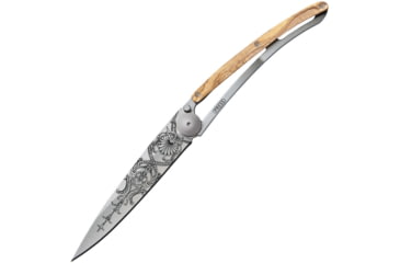 Image of Deejo Tattoo Ti 37g Versailles Folding Knife, 3.75in Z40C13 SS Blade, Olive Wood Handle With SS Back Handle, Pocket Clip, 37G, Versailles Blade Tattoo, 1CB059