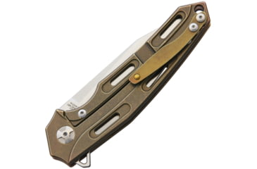 Image of Defcon JK Cutter Framelock Folding Knife, 3.5in Satin D2 Tool Steel Drop Point, Aged Brass Finish Titanium Handle, Pocket Clip, TF33341