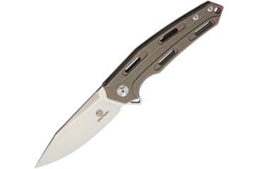 Image of Defcon JK Cutter Framelock Folding Knife, 3.5in Satin D2 Tool Steel Drop Point, Aged Brass Finish Titanium Handle, Pocket Clip, TF33341