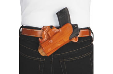 Image of DeSantis Small of Back Leather Belt Holster, Glock 26, 27, 33, Taurus PT111, PT140, Right Hand, Plain, Tan, 067TAE1Z0