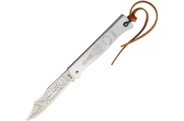 Image of Douk-Douk Folder Chrome Folding Knife with Brown leather sheath, 3.25 Z70CD15 stainless blade, Chrome finish folded steel handle, 815GME BROWN SHEATH