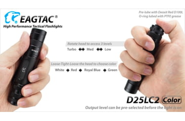 Image of Eagtac D25LC2 Color Flashlight, XM-L COLOR LED, White-331lm, Red-120lm, Royal blue-45lm, Green-240lm, Black, D25LC2-XML-COLOR