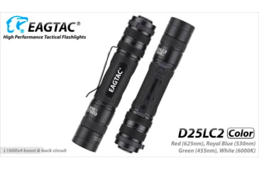 Image of Eagtac D25LC2 Color Flashlight, XM-L COLOR LED, White-331lm, Red-120lm, Royal blue-45lm, Green-240lm, Black, D25LC2-XML-COLOR