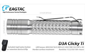 Image of EAGTAC D3A TI Titanium Flashlight, XM-L2 U2 NW LED, 378lm, Silver, D3A-CLICKY-TI-XML2-NW