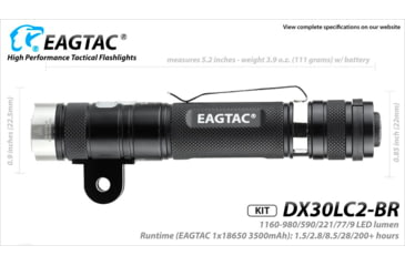 Image of EAGTAC DX30LC2-BR Rechargeable Flashlight Kit, XP-L HI V2 NW LED, 1084lm, Black, DX30LC2BR-XPLHI-KIT-NW