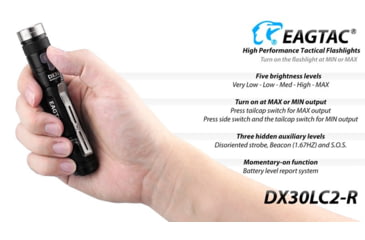 Image of EAGTAC DX30LC2-R Rechargeable Flashlight, XP-L HI V2 NW LED, 1084lm, Black, DX30LC2R-XPLHI-BASE-NW