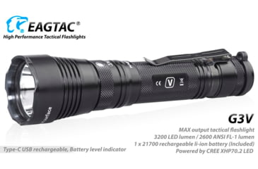 Image of EAGTAC G3V XHP70.2 Flashlight, 21700 5000mAh li-ion, NW LED, 2990 Lumen, Black, G3V-XHP702-NW