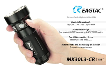 Image of EAGTAC MX30L3-CR Base Flashlight, 6 Nichia 219C CRI92 4000K LED, 3850lm, Black, MX30L3CR-6*219C-BASE-NW