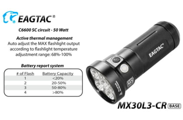 Image of EAGTAC MX30L3-CR Base Flashlight, 6 Nichia 219C CRI92 4000K LED, 3850lm, Black, MX30L3CR-6*219C-BASE-NW