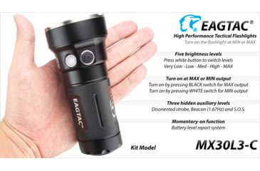 Image of EAGTAC MX30L3C Flashlight Kit, 6 Nichia 219B CRI-92 LED, 3000lm, Black, MX30L3C-6*219-KIT-NW