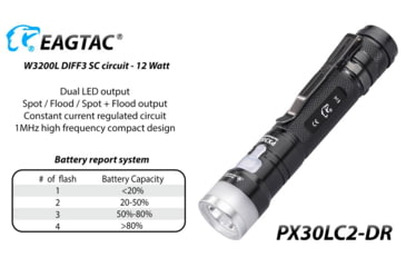 Image of EAGTAC PX30LC2-DR Flashlight, 219Ccri92 w/ LEDarray LED, 800lm w/ 550lm, Black, PX30LC2-Diffuser-219C-NW