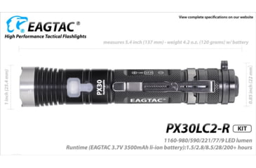 Image of EAGTAC PX30LC2-R Base Flashlight, XP-L HI CW LED, 1160lm, Black, PX30LC2R-XPLHI-BASE-CW