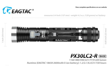 Image of EAGTAC PX30LC2-R Base Flashlight, XP-L HI CW LED, 1160lm, Black, PX30LC2R-XPLHI-BASE-CW