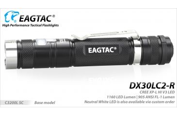 Image of Eagtac Rechargeable DX30LC2-R XPL HI 1160 Lumens LED Flashlight, Black, Medium, DX30LC2RXPLHI