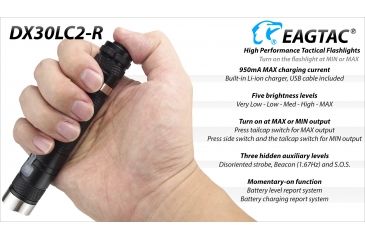 Image of Eagtac Rechargeable DX30LC2-R XPL HI 1160 Lumens LED Flashlight, Black, Medium, DX30LC2RXPLHI