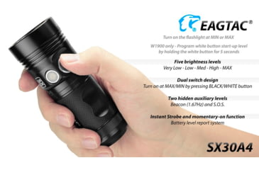 Image of EAGTAC SX30A4 Flashlight, Nichia 219C CRI92 4000K LED, 885lm, Black, SX30A4-219C-NW