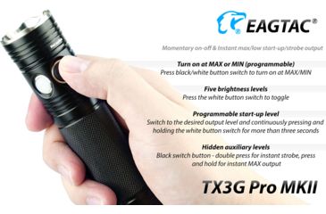 Image of EAGTAC TX3G MKII Pro Flashlight, XHP70.2 CW LED, 3550lm, Black, Medium 4203