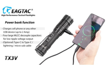Image of EAGTAC TX3V XHP70.2 Flashlight, 21700 5000mAh li-ion, NW LED, 3317 Lumen, Black, TX3V-XHP702-NW