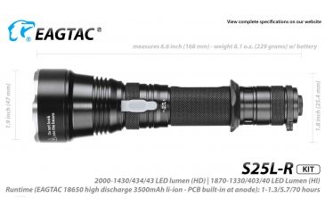 Image of Eagtac USB Rechargeable S25LR XHP35 HD 2000 Lumen Tactical Flashlight KIT, Black, Medium, S25LRXHP35HDKIT