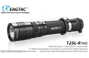 Image of Eagtac USB Rechargeable T25LR XHP35 HI 385 Meter Tactical Flashlight Base, Black, Medium, T25LRHI