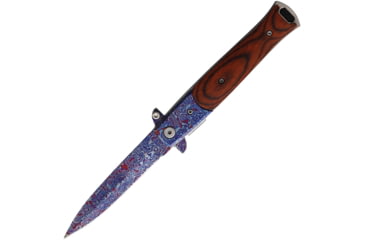 Image of ElitEdge Damascus Etched A/O Folding Knife, 4.88in Closed, 3.75in, Blue/Red Damascus Etched Blade, Brown Wood Handle, 10-428CDMWD