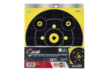 Image of EZ-Aim Splash Reactive Adhesive Paper Bullseye Shooting Targets w/8 Aiming Points, 12in Square, 12-Pack, Black/Chartreuse, 15577