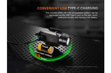 Image of Fenix GL23R, Weapon Light, White LED with Green Laser, 1,200 Lumens, 3.43 Long, Fits GLOCK and 1913 Rails, Includes Rechargeable 18350 Battery and USB Type-C Charging Cable