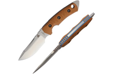Image of Fobos Knives Tier 1 Mini Blue Liner Fixed Blade Knife, 8.75in Overall, 4in Satin Cpm-154 SS Blade, Natural Canvas Micarta Handle, Blue Liners, Brown Leather Sheath, FOB03