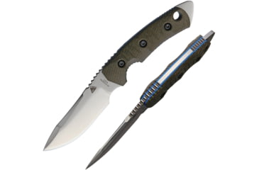 Image of Fobos Knives Tier 1 Mini Blue Liner Fixed Blade Knife, 8.75in Overall, 4in Satin Cpm-154 SS Blade, OD Green Canvas Micarta Handle, Blue Liners, Brown Leather Sheath, FOB012