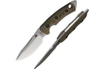 Image of Fobos Knives Tier 1 Mini Camo Liner Fixed Blade Knife, 8.75in Overall, 4in Satin Cpm-154 SS Blade, Camo Canvas Micarta Handle, Black Liners, Brown Leather Sheath, FOB019