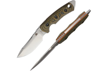 Image of Fobos Knives Tier 1 Mini Orange Liner Fixed Blade Knife, 8.75in Overall, 4in Satin Cpm-154 SS Blade, Camo Canvas Micarta Handle, Orange Liners, Brown Leather Sheath, FOB020