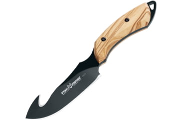 Image of Fox European Hunter Guthook Knife, 3.75 black PTFE coated Bohler N690 stainless guth, Olive wood handle, 02FX099