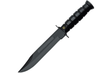 Image of Fox Military Explorer Fixed Blade Knife, 12.25in Overall, 7.25in Black Carbon Steel Clip Point Blade, Black Grooved ABS Handle, SS Guard And Pommel, Black Leather Belt Sheath, Black, 02FX048