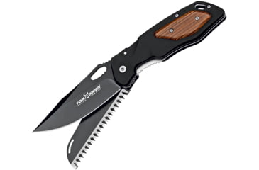 Image of Fox Multi Blade Hunter Linerlock Folding Knife, Black finish stainless drop point and saw blades, Black aluminum handle with brown wood onlay, 01FX438CB