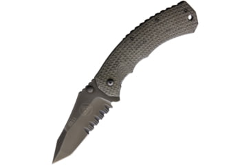 Image of Fox SR 11 Linerlock Folding Knife, 3.38 black PTFE coated partially serrated Bohler , Green textured micarta handle with titanium back h, 01FXCEDM3