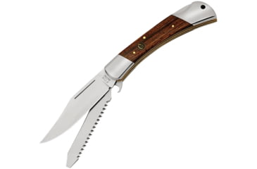Image of Fox Win Two Blade Lockback Folding Knife, Satin 440 SS Clip And Saw Blades, Brown Smooth Wood Handle, SS Bolster, Inlay Shield, brown, 01FX070