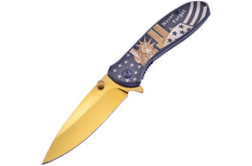 Image of Frost 9/11 Commemorative Linerlock Folding Knife, 3.5in Gold Titanium Coated SS Drop Point, Aluminum Handle, Thumb Stud, Pocket Clip, 9/11 Commemorative Handle Artwork, FC-911GD