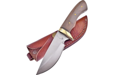 Image of Frost Chickasaw Skinner Knife, Chipaway, 8in Overall, 3.75in Satin SS Drop Point, Walnut Handle, Brass Guard, Brown Leather Sheath, CW-019WW