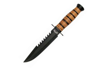 Image of Frost Combat Survival Fixed Blade Knife, 7in, Stainless Steel, Standard Edge, Sawback, Black, Stacked Leather Handle F18109B