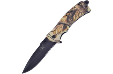 Image of Frost Firestarter A/O Green Camo Folding Knife, 5.25in Closed, 3.75in Black Partially Serrated Stainless Blade, Camo ABS Handle, TX-50CAMO