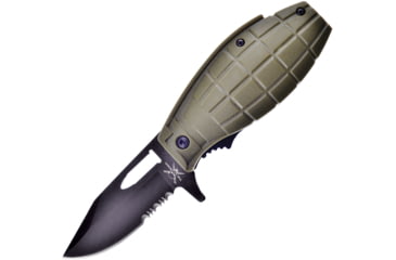 Image of Frost Grenade A/O Green Folding Knife, 3.63in Closed, 2.75in Black Partially Serrated Clip Point Blade, Army Green ABS Handle, TX-173DG