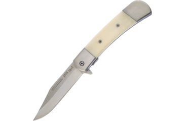 Image of Frost Linerlock White Bone Folding Knife, 3.5in Satin SS Clip Point Blade, White Smooth Bone Handle, SS Bolster, Black Nylon Belt Sheath, White, BS-8201WSB
