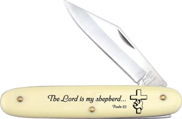 Image of Frost Psalm 23 Folding Knife, 2.38in Satin SS Clip Blade, Yellow Synthetic Handle, The Lord Is My Shepherd Handle Artwork, N-B12