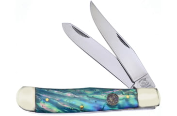 Image of Frost Trapper Saltwater Abalone Crowing Rooster Folding Knife, Mirror SS Clip/ Spey Blades, Salt Water Abalone Handle, Nickel Silver Bolster, Inlay Shield, CR-108SAB