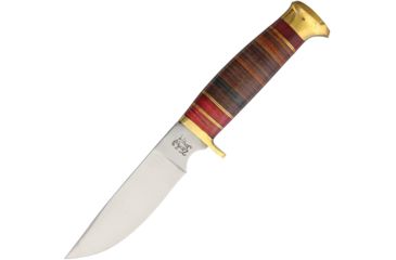 Image of Frost Trophy Stag Hunter Leather Fixed Blade Knife, 4.5in, Stainless Steel, Standard Edge, Satin, Pakkawood Handle FTS207LTHR