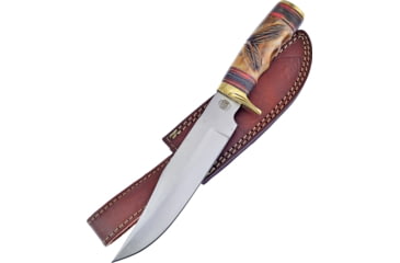Image of Frost Two Feathers Bowie Knife, Chipaway, 12in Overall, 7.25in Satin SS Clip Point Blade, Brass Guard, Brown Bone And Pakkawood Handle, Brown Leather Sheath, CW-07BRB