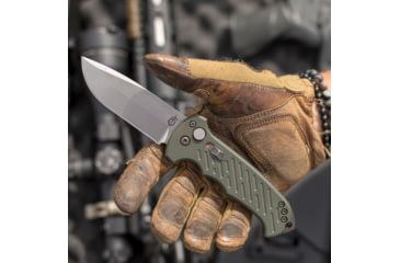 Image of Gerber 06 Auto Automatic Folding Knife, 10-th Anniversary, 8.7 in Overall, 3.5 in S30V Plain Drop Point Stonewash Blade, G10 Olive Drab Handle, 30-001263